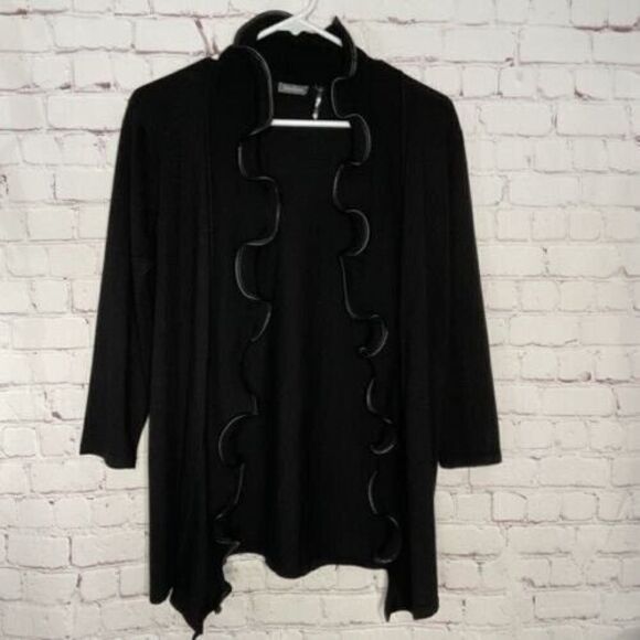 Neiman Marcus Sweaters - Neiman Marcus Faux Leather Trim 3/4 Sleeve Open Front Cardigan Women Size M